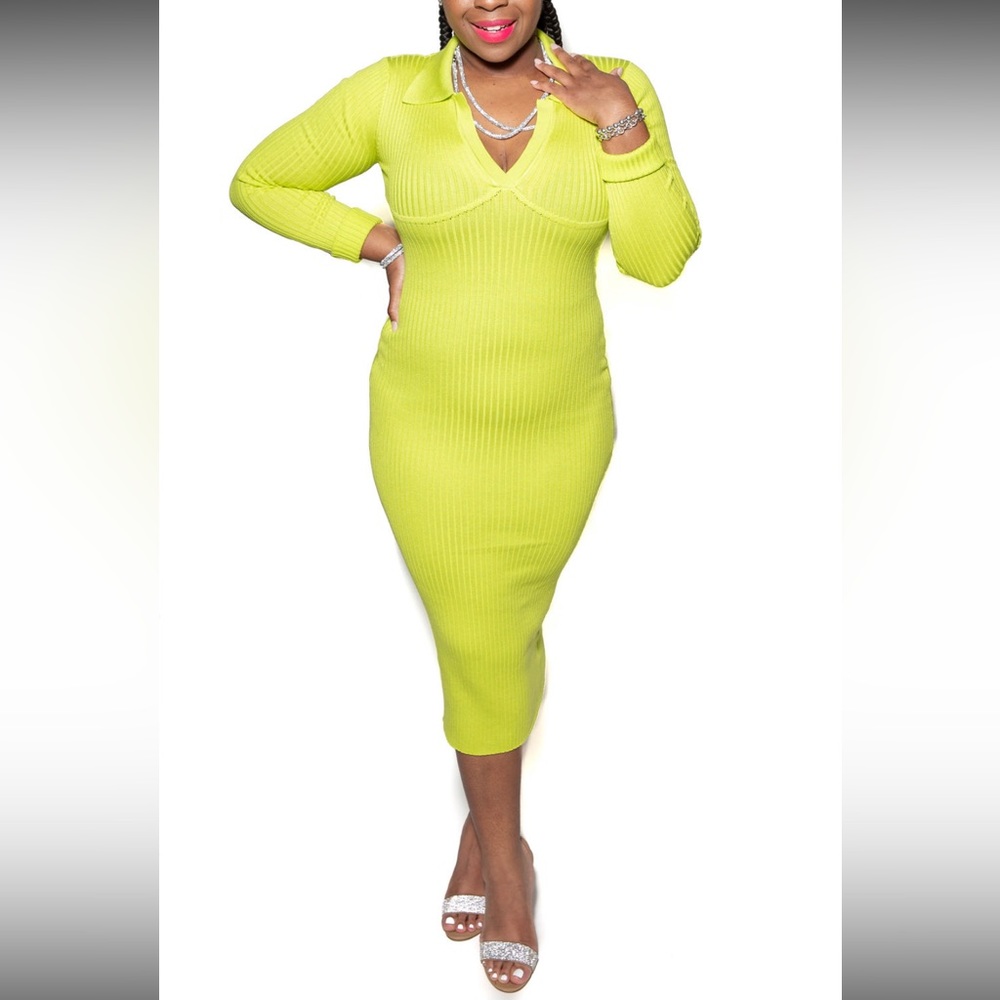 Ribbed Midi Long Sleeve Lime Dress
